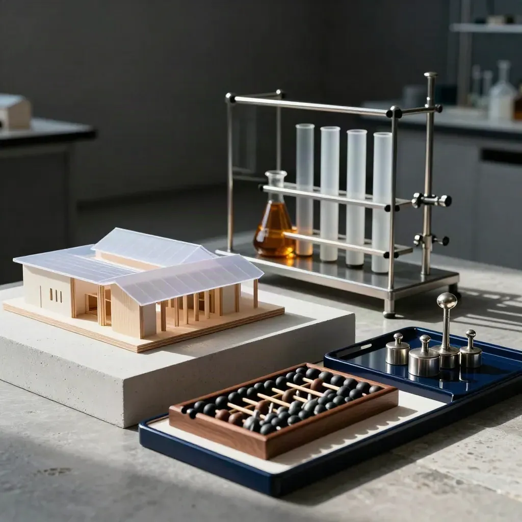 Drei Studienwege als Architekturmodell, Laborvitrine und Business-Set diagonal inszeniert.