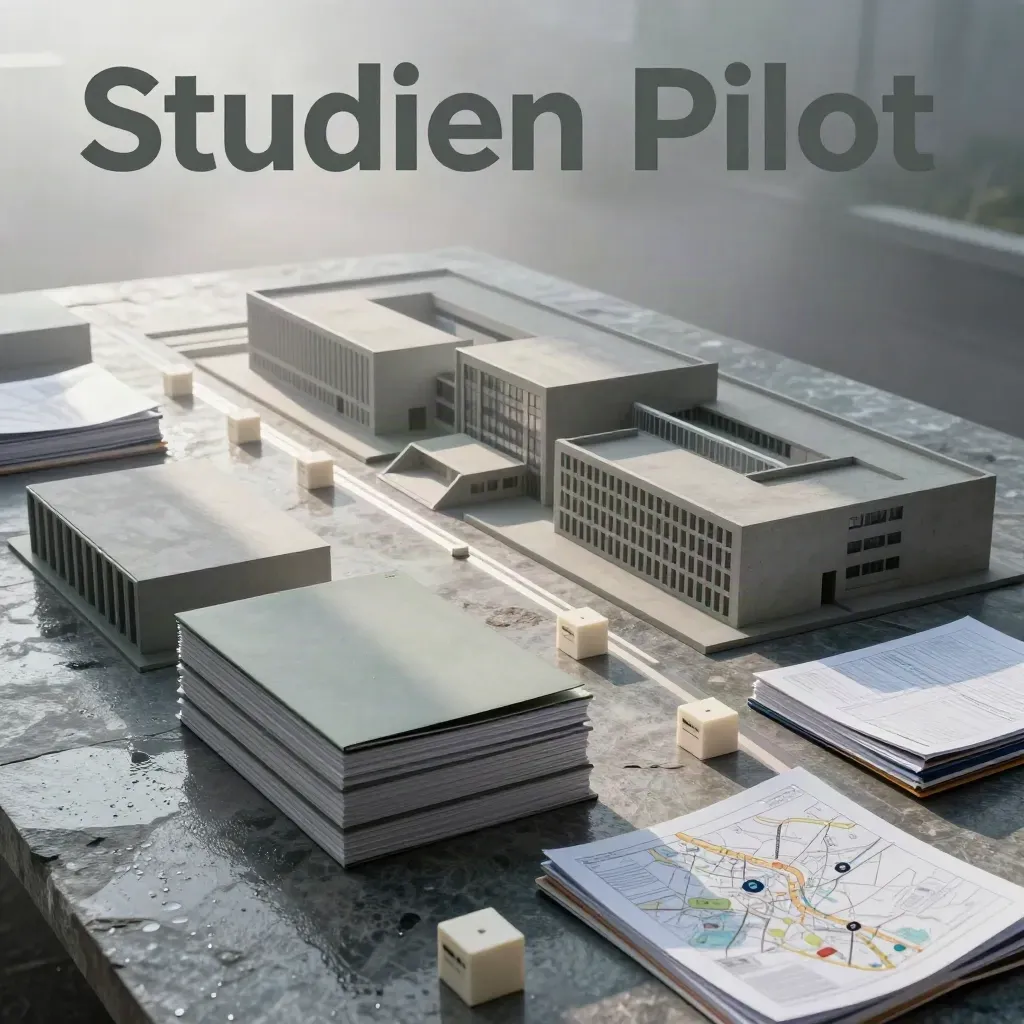 Studienwahl-Tableau mit Campusmodellen, Ordnern und Fördermappen im Morgenlicht