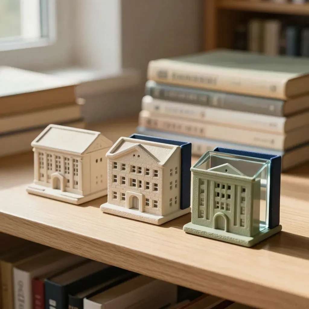 Miniatur-Hochschulprofile aus Baukörpern und Chips auf hellem Holz im Sonnenlicht.