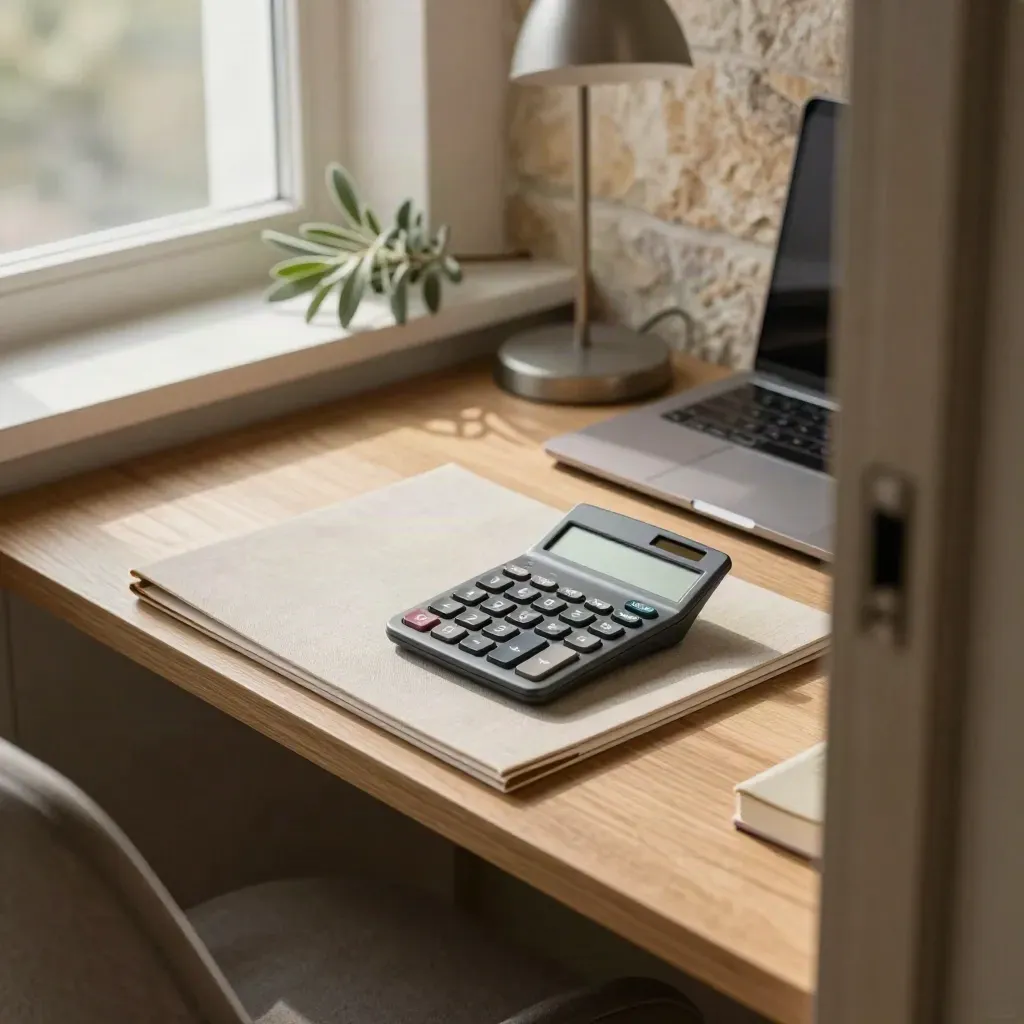 Moderner Studienplatz mit Rechner, Mappe, Laptop und Pflanze im warmen Fensterlicht