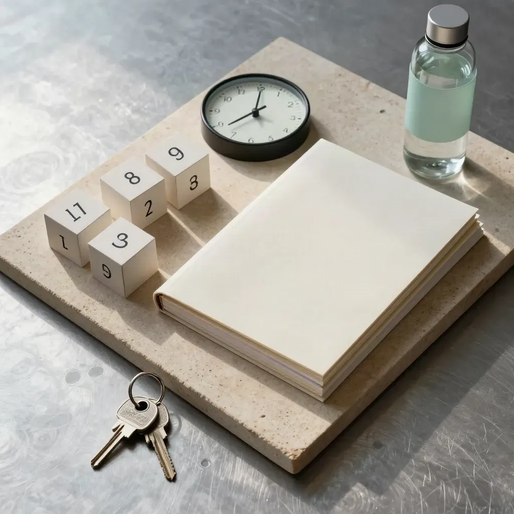 Von oben: vorbereitetes Semester-Board mit Kalenderwürfeln, Lernuhr, Flasche, Mappe, Büchern und Schlüsseln.