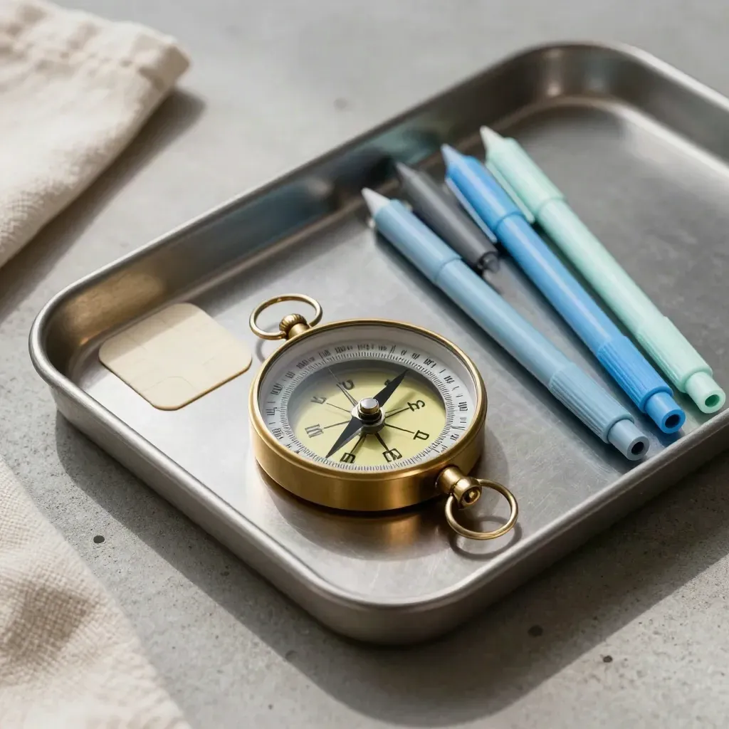 Nahaufnahme eines Taschenkompasses, leerem Kartenchip und farbigen Markern in einer Metallschale