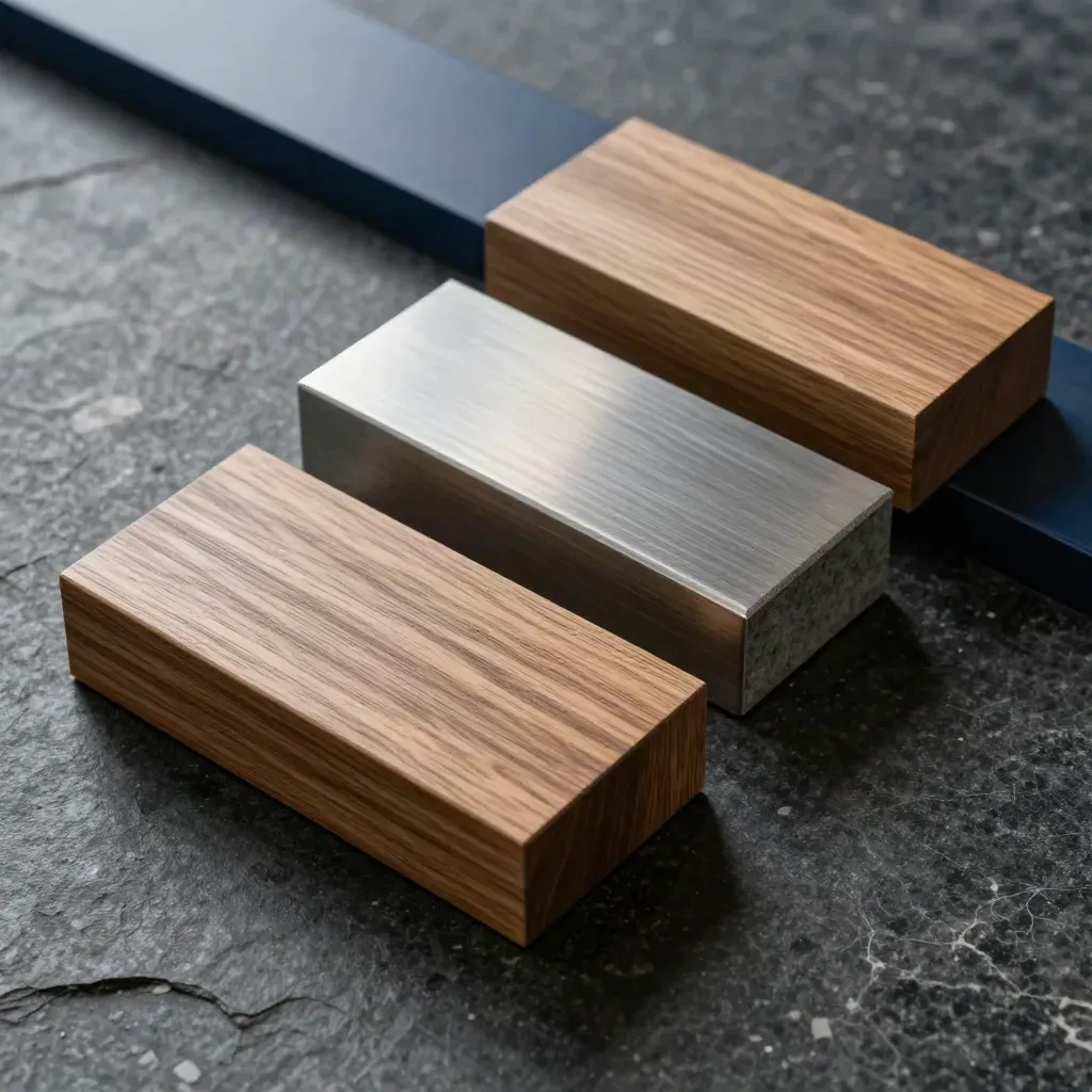 Drei Materialblöcke aus Holz, Metall und Stein auf dunklem Gestein, diagonal angeordnet.
