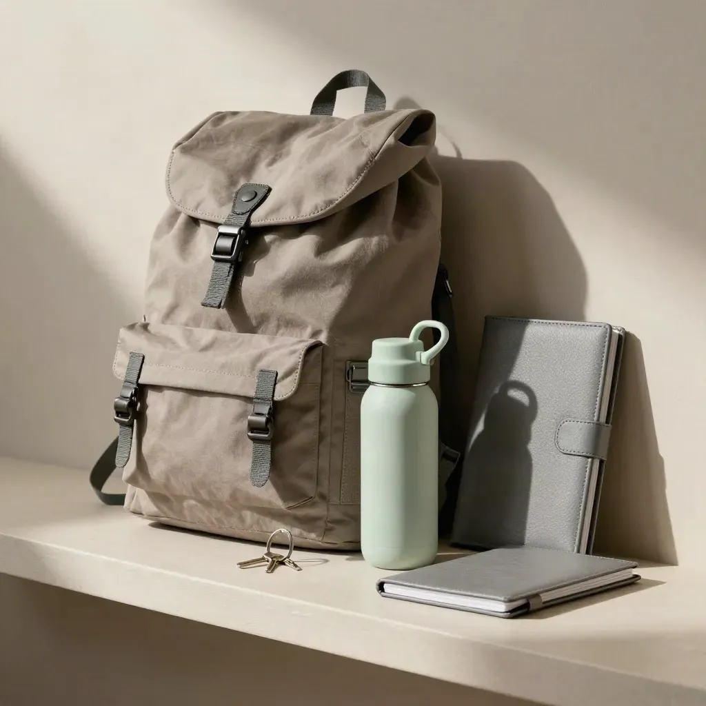 Rucksack, Flasche, Schlüssel und Mappe auf hellem Putz mit sanftem Morgenlicht.