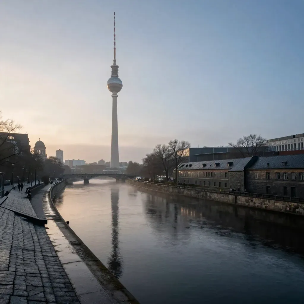 Blick auf Berlin mit Fernsehturm über der Spree im Abenddunst.