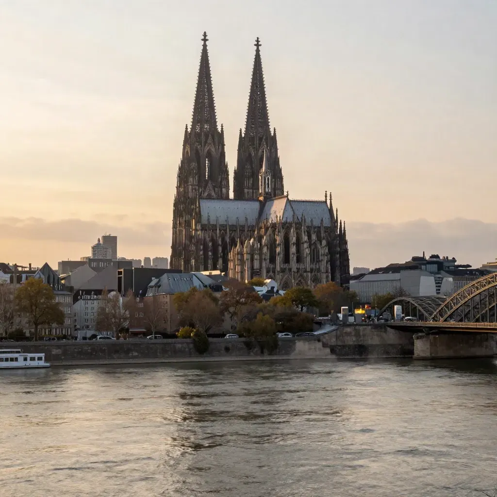 Kölner Dom über dem goldenen Rhein, mit ruhiger Wasserfläche und weiter Stadtkante.
