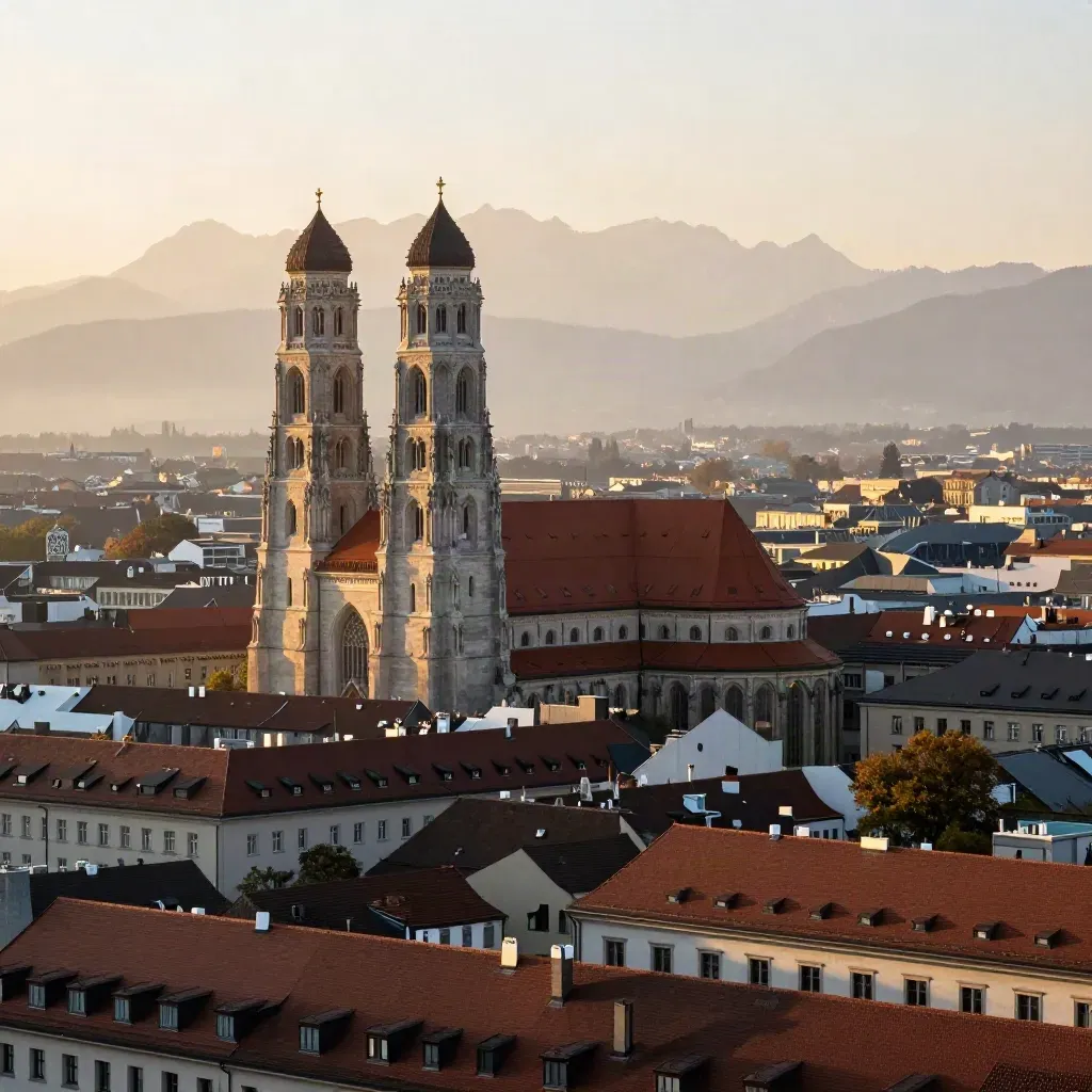 München mit Frauenkirche und Alpenlinie im warmen Abendlicht über ruhigen Dächern.