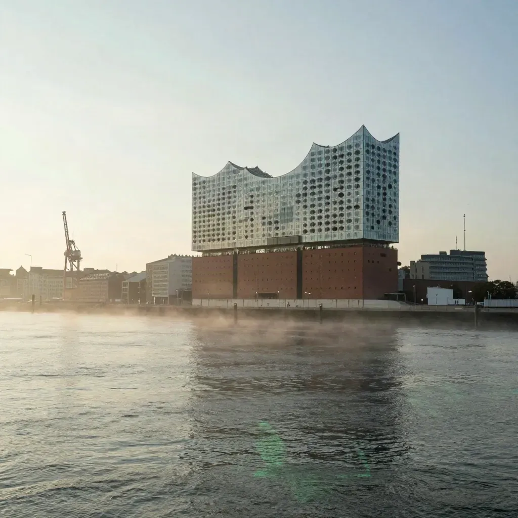 Hamburgs Elbphilharmonie im Morgennebel über ruhiger Elbe und Hafenkränen.