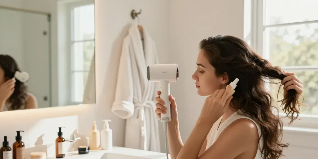 Die Anwendung des Laifen Föhns für gesundes Haarstyling in einem stilvollen Badezimmer.